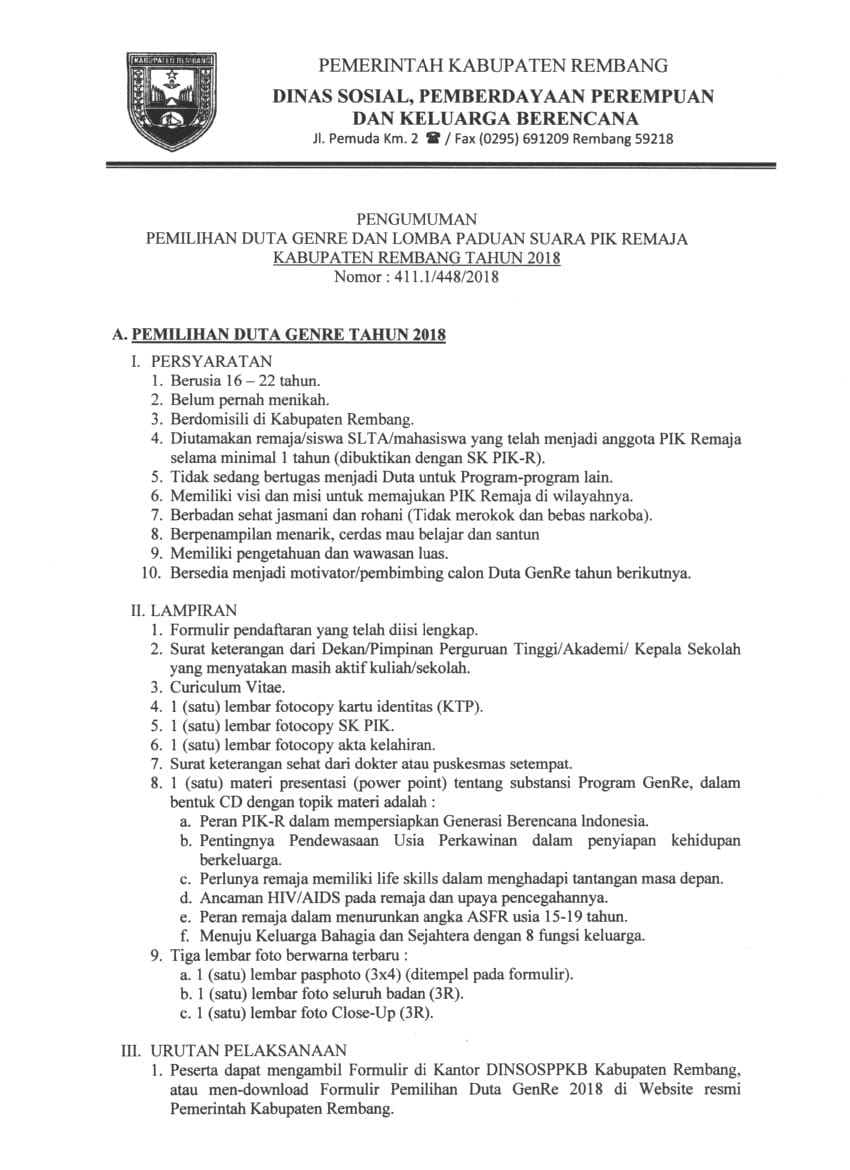 Pemilihan Duta GenRe dan Lomba Paduan Suara PIK-R Kabupaten Rembang 2018