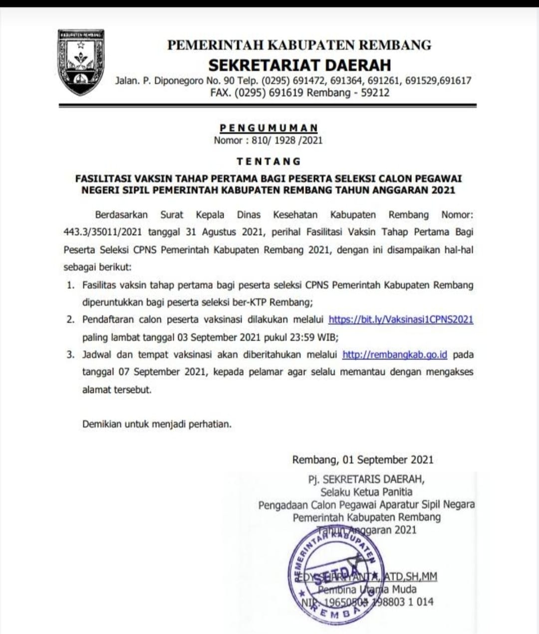 Pemkab Rembang Fasilitasi Vaksinasi Peserta Tes CASN