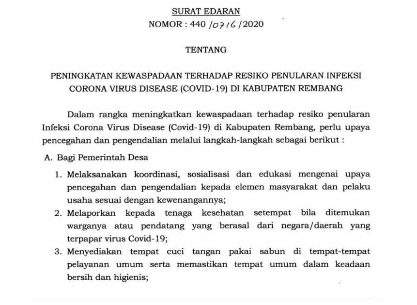 Bupati Rembang Keluarkan Surat Edaran Waspada COVID-19