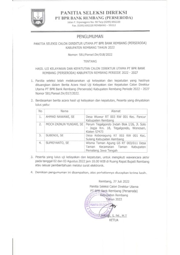 Hasil Uji Kelayakan dan Kepatuhan Calon Direktur Utama BPR Bank Rembang Tahun 2022